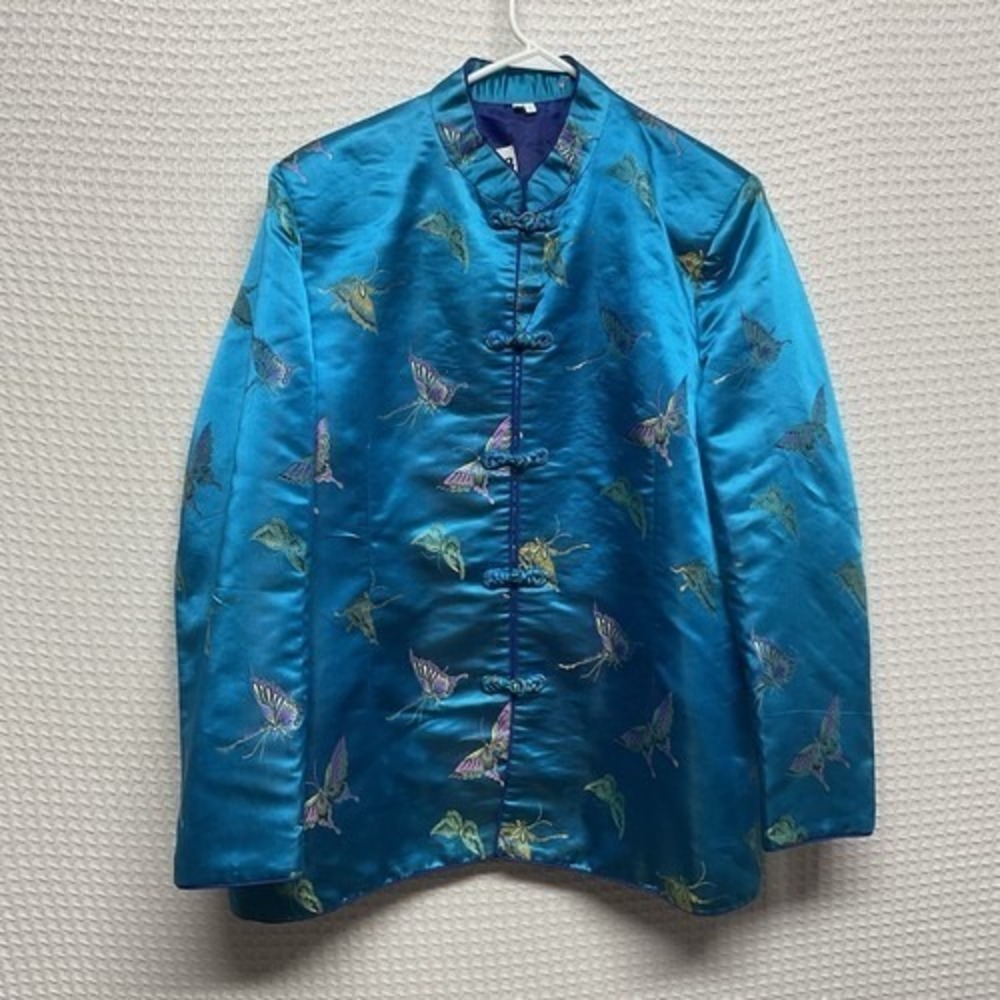 Vintage Asian Sateen Jacket Cheongsam Blue Butterfly Embroidery Women 40 (3XL)